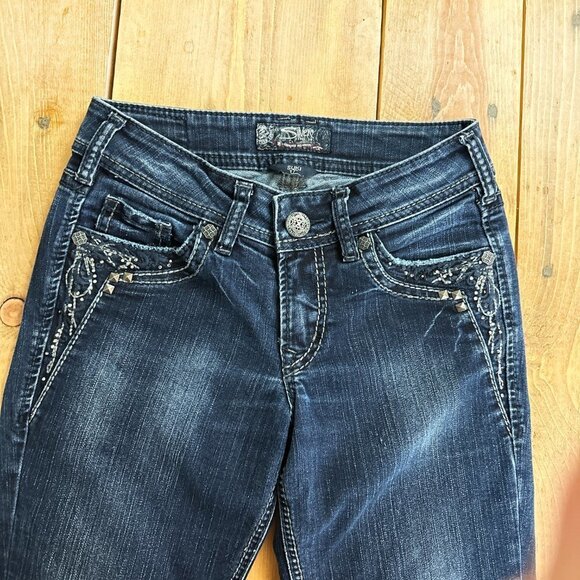 Silver Suki 17 " Jeans Rhinestones Black Patch Size 26 - Picture 7 of 10